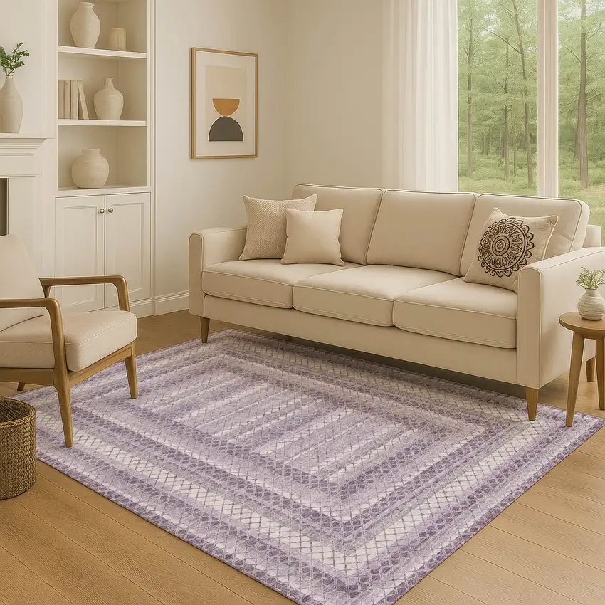 Lavender And Ivory Geometric Washable Area Rug With UV Protection Photo 5