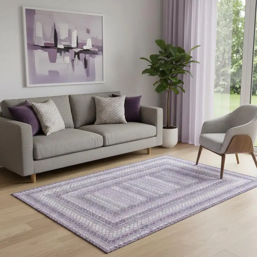 Lavender And Ivory Geometric Washable Area Rug With UV Protection Photo 2