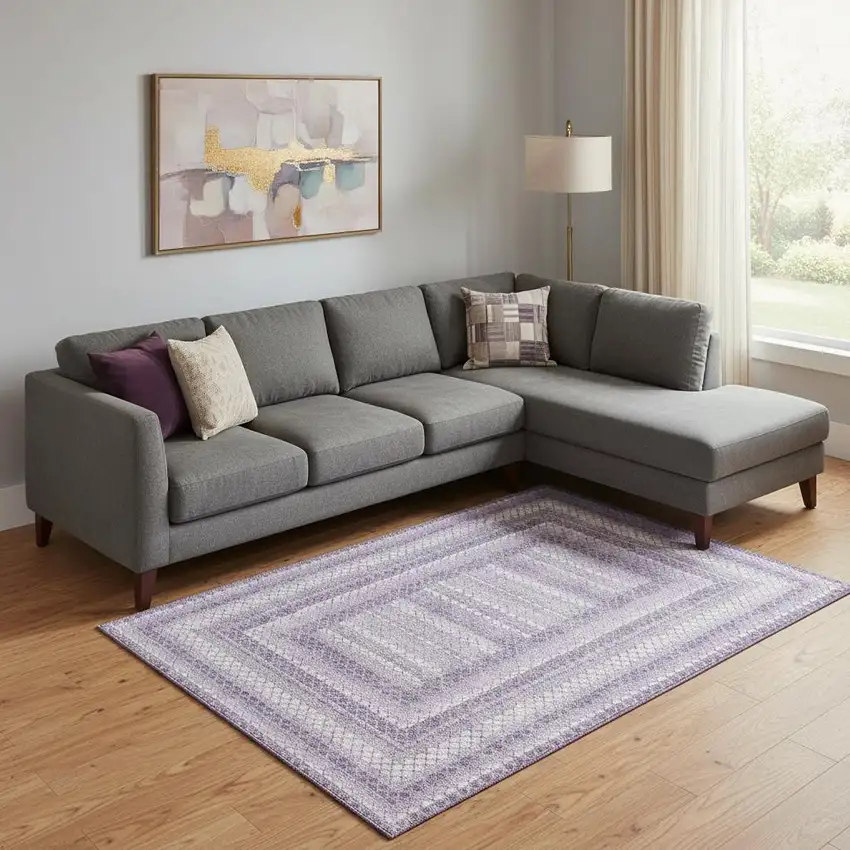 Lavender And Ivory Geometric Washable Area Rug With UV Protection Photo 2