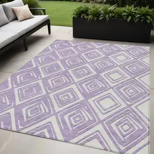 Photo of Lavender And Ivory Geometric Washable Indoor Outdoor Area Rug