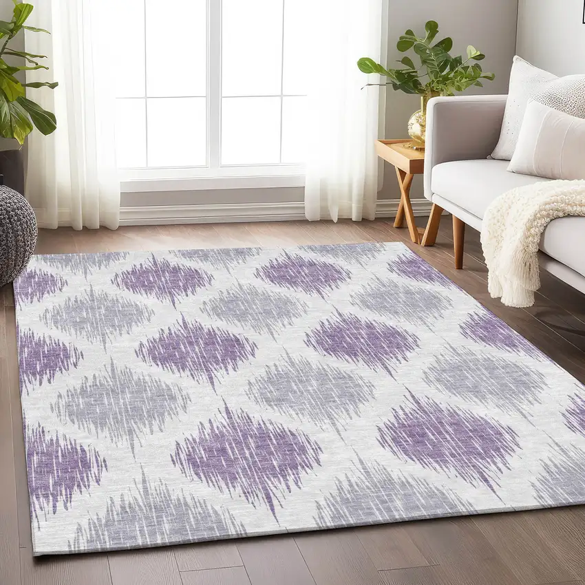 Lavender And Ivory Ikat Washable Area Rug With UV Protection Photo 6