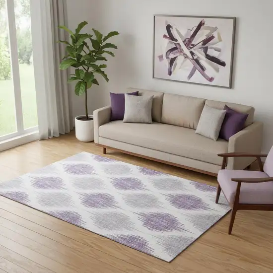 Lavender And Ivory Ikat Washable Area Rug With UV Protection Photo 1