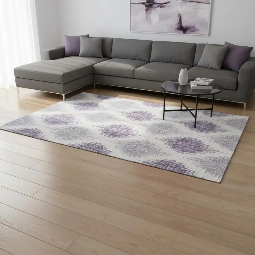 Lavender And Ivory Ikat Washable Area Rug With UV Protection Photo 2