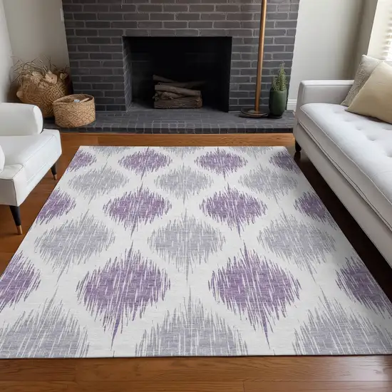 Lavender And Ivory Ikat Washable Area Rug With UV Protection Photo 5