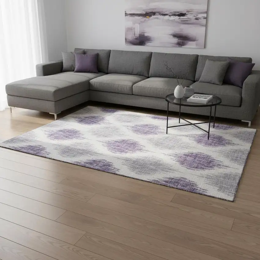 Lavender And Ivory Ikat Washable Area Rug With UV Protection Photo 2