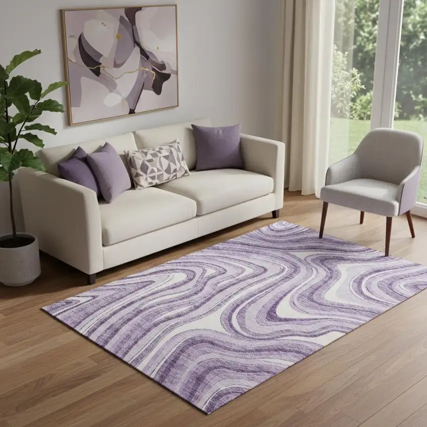 Lavender And Ivory Marble Washable Area Rug With UV Protection Photo 1