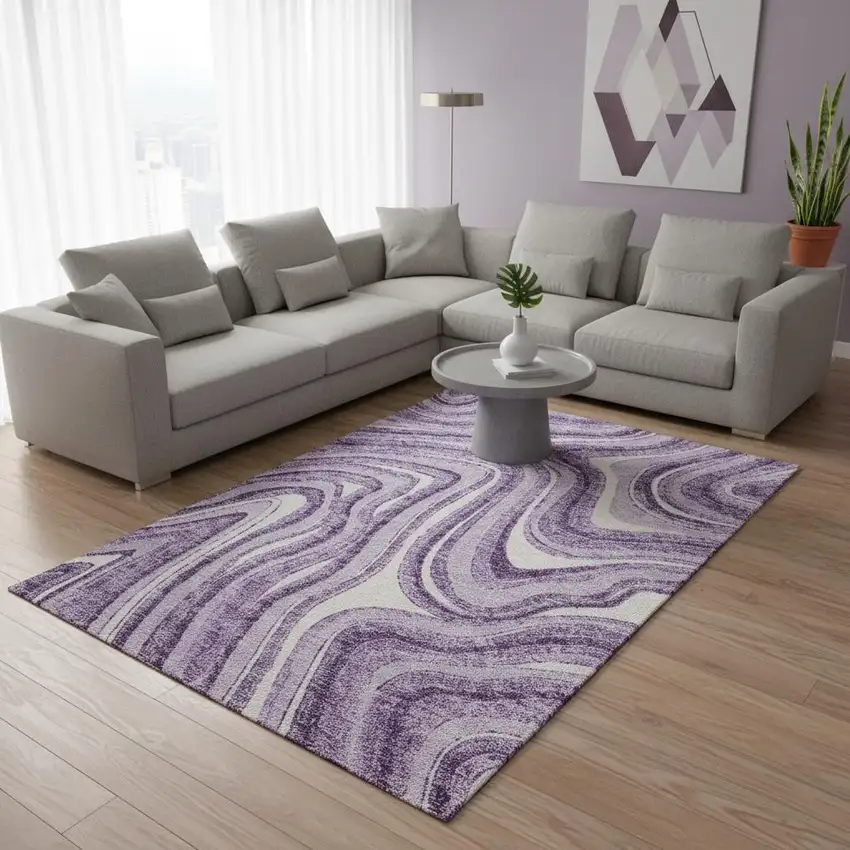 Lavender And Ivory Marble Washable Area Rug With UV Protection Photo 2