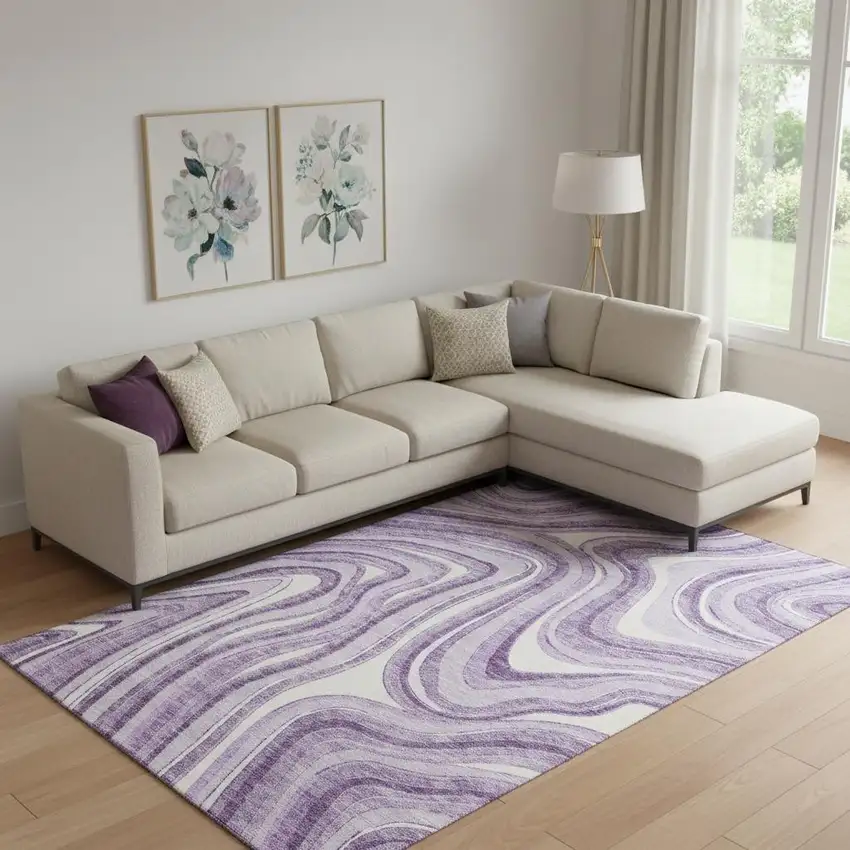 Lavender And Ivory Marble Washable Area Rug With UV Protection Photo 1