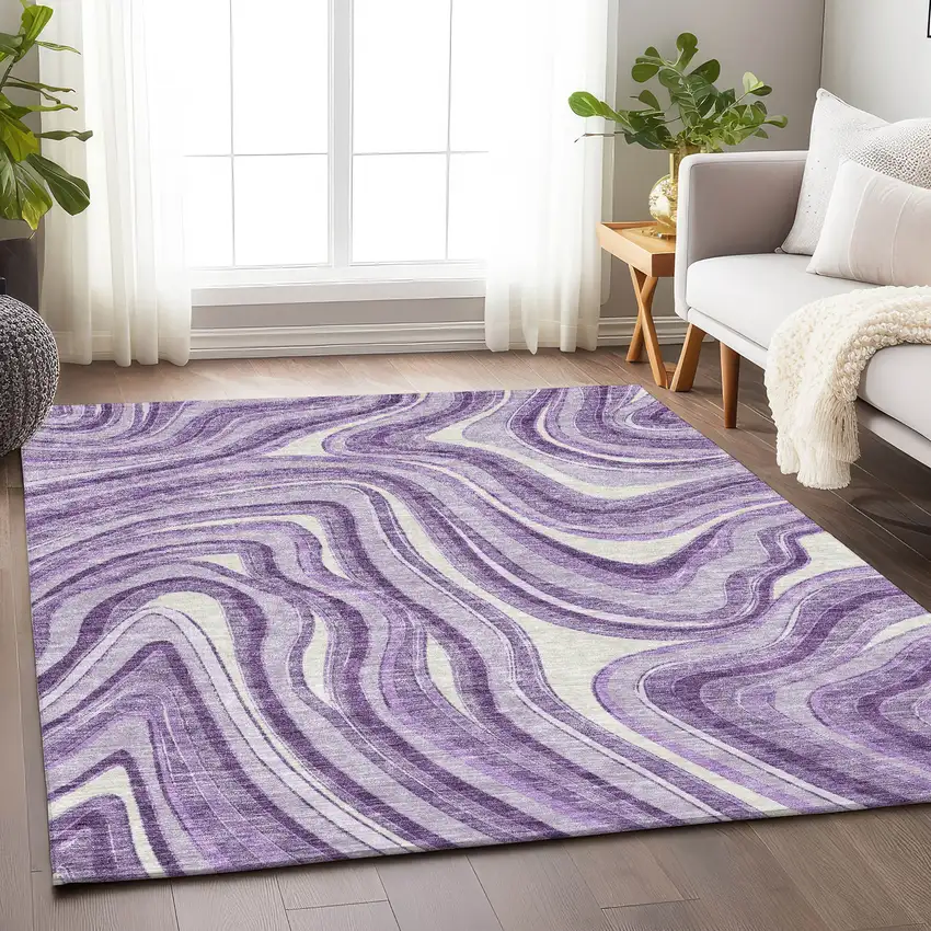 Lavender And Ivory Marble Washable Area Rug With UV Protection Photo 5