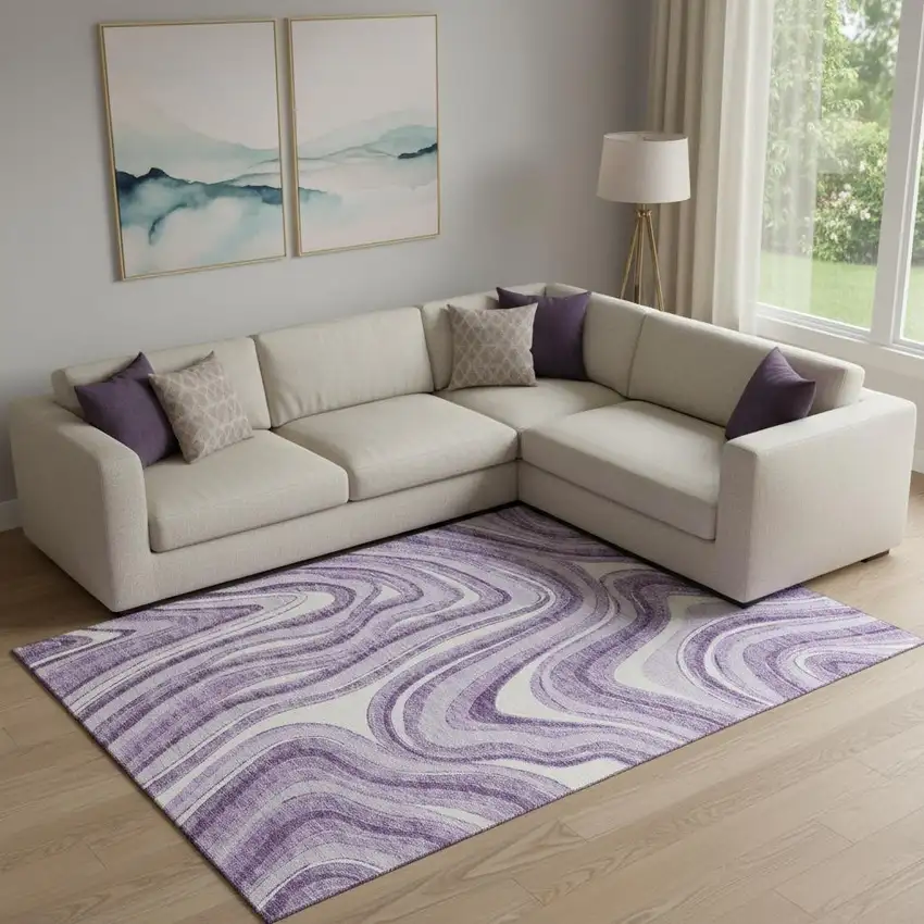 Lavender And Ivory Marble Washable Area Rug With UV Protection Photo 1