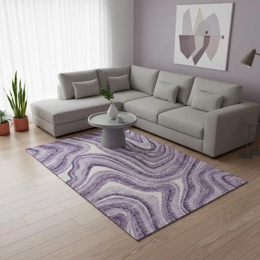 Lavender And Ivory Marble Washable Area Rug With UV Protection Photo 2