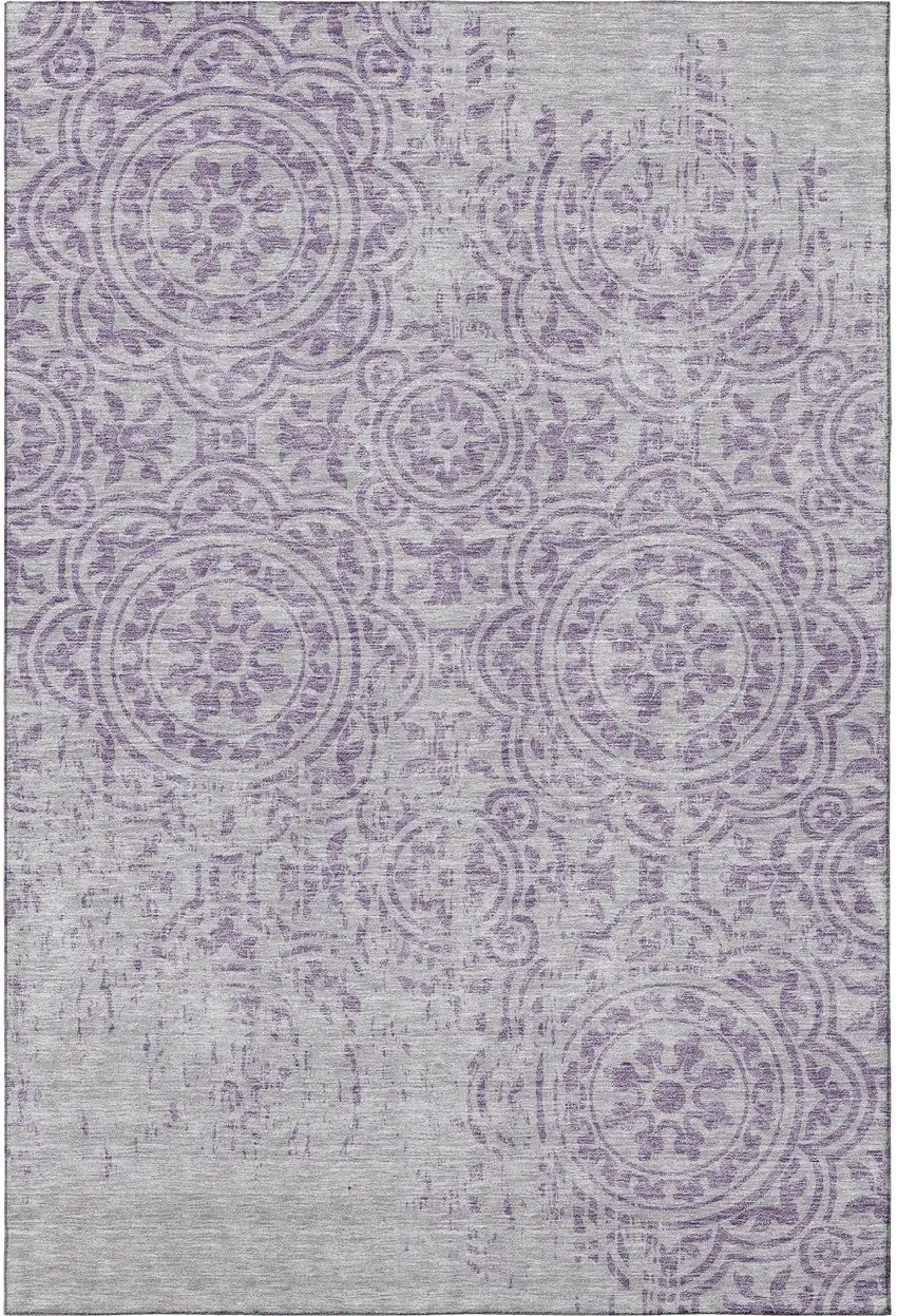 Lavender And Ivory Medallion Washable Area Rug With UV Protection Photo 4
