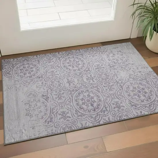 Lavender And Ivory Medallion Washable Area Rug With UV Protection Photo 1
