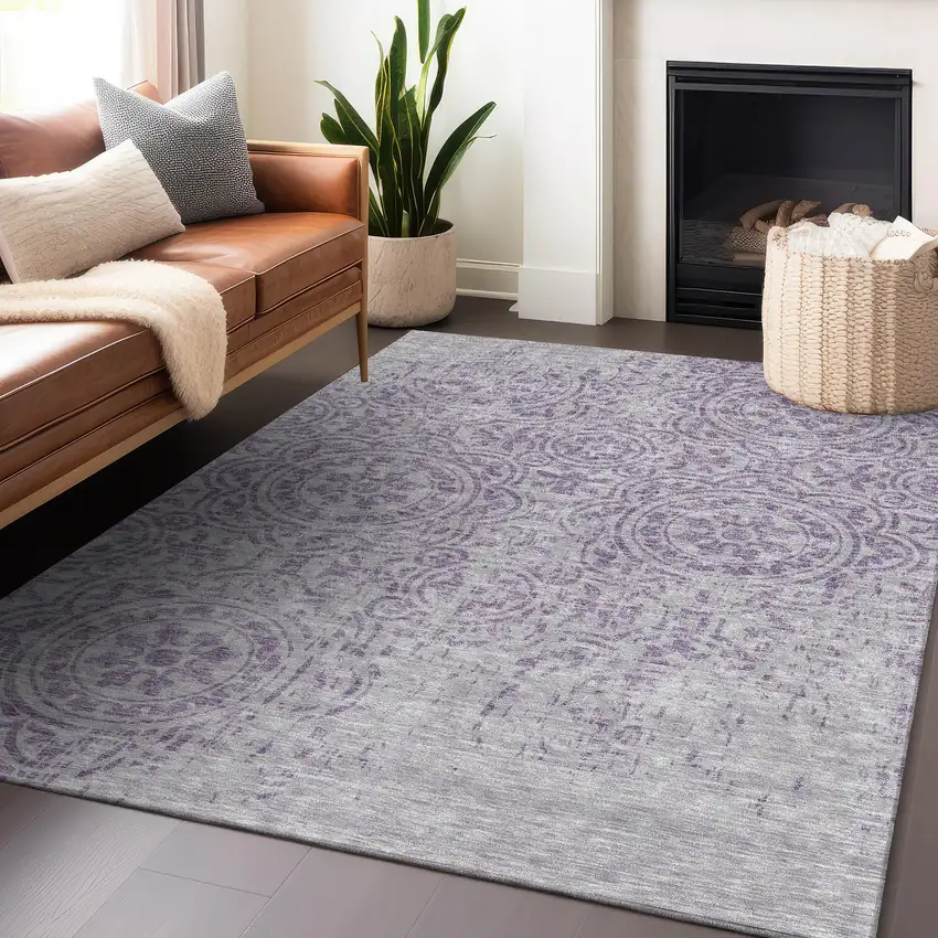 Lavender And Ivory Medallion Washable Area Rug With UV Protection Photo 6