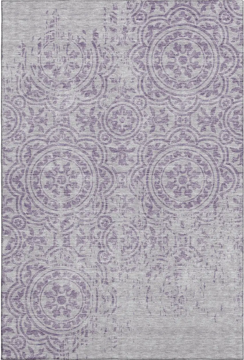 Lavender And Ivory Medallion Washable Area Rug With UV Protection Photo 1