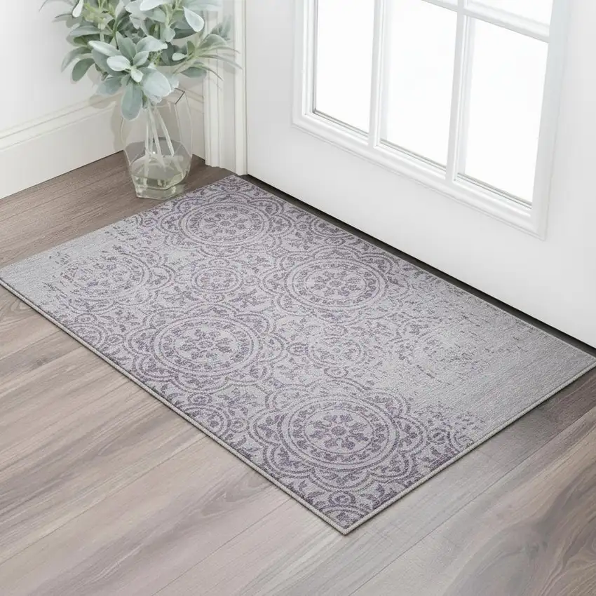 Lavender And Ivory Medallion Washable Area Rug With UV Protection Photo 2