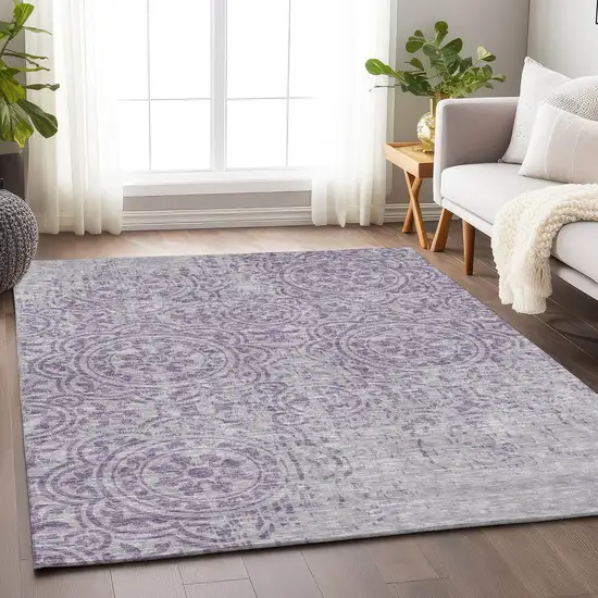 Lavender And Ivory Medallion Washable Area Rug With UV Protection Photo 5