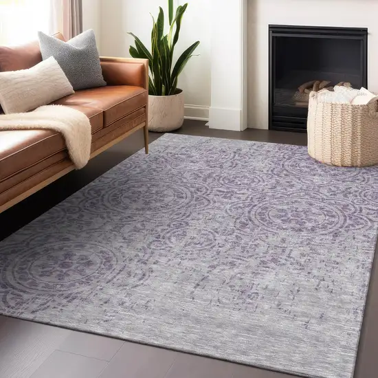 Lavender And Ivory Medallion Washable Area Rug With UV Protection Photo 6