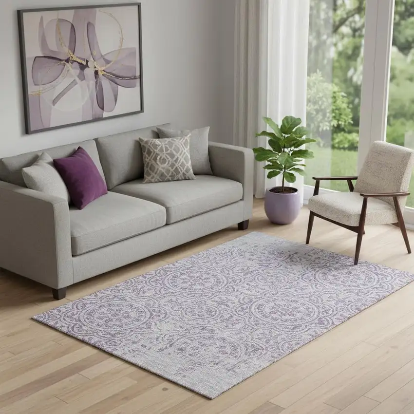 Lavender And Ivory Medallion Washable Area Rug With UV Protection Photo 1