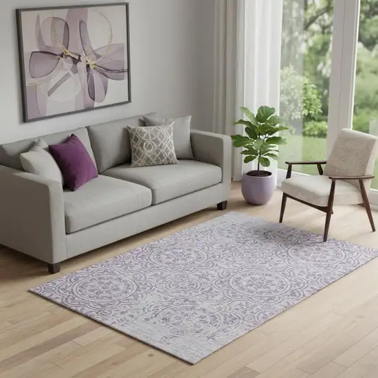 Lavender And Ivory Medallion Washable Area Rug With UV Protection Photo 1