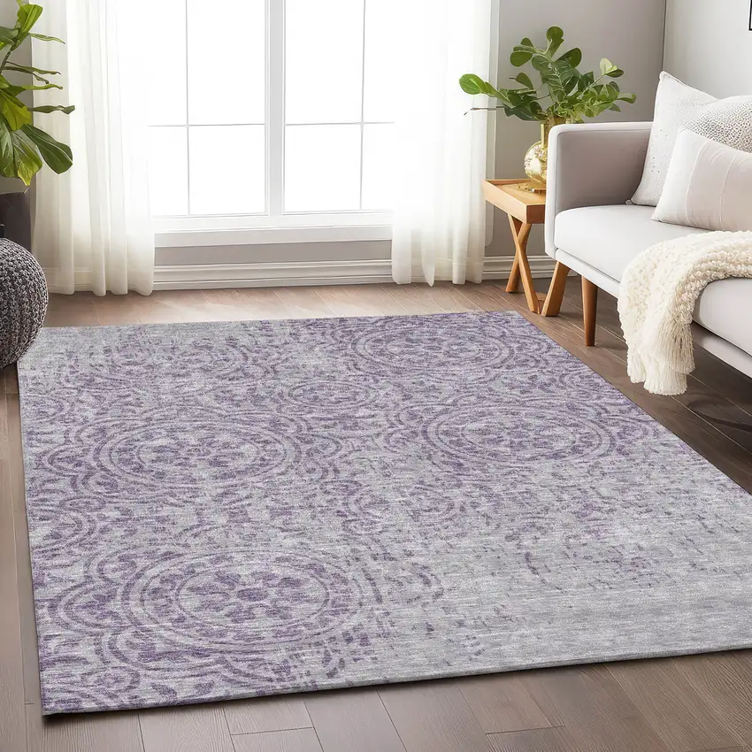 Lavender And Ivory Medallion Washable Area Rug With UV Protection Photo 5
