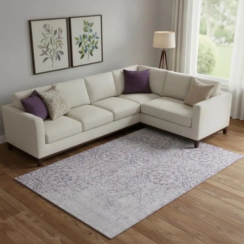 Lavender And Ivory Medallion Washable Area Rug With UV Protection Photo 1