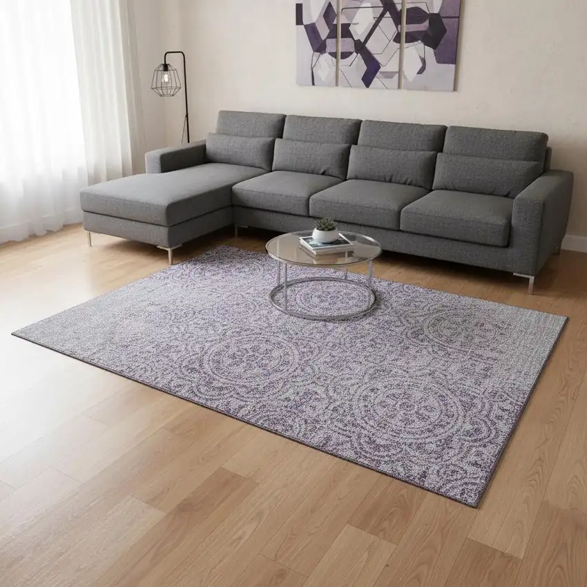 Lavender And Ivory Medallion Washable Area Rug With UV Protection Photo 2