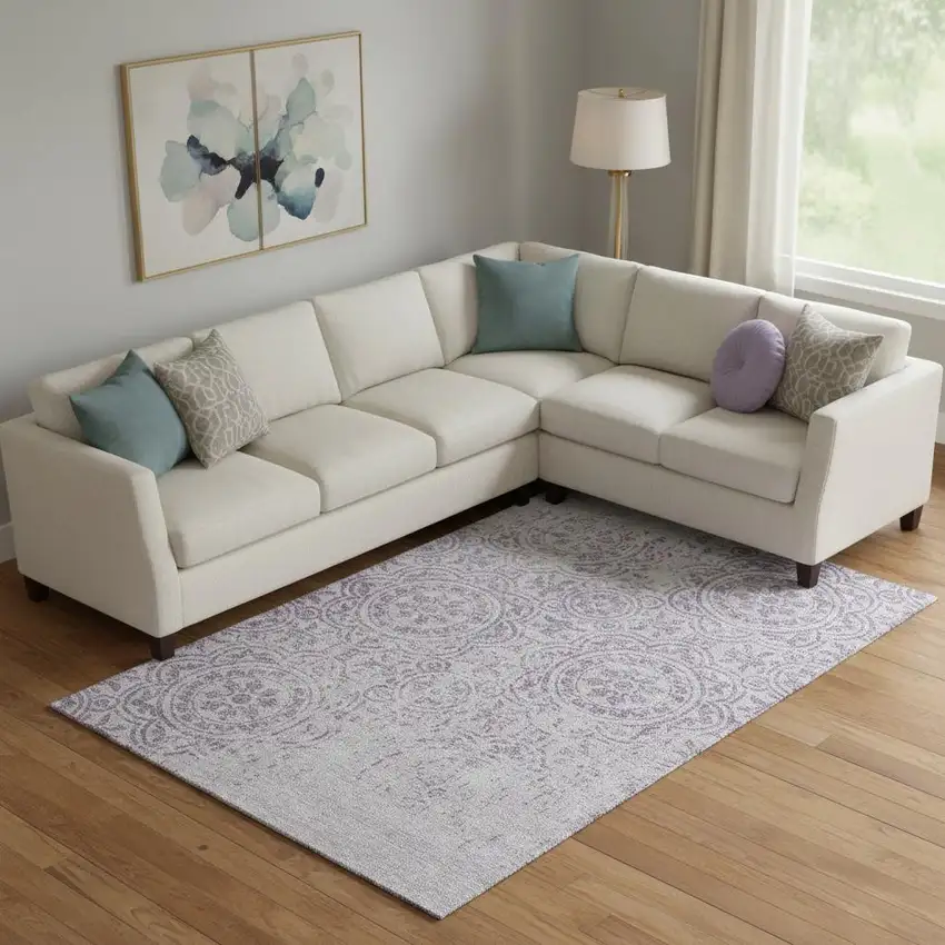 Lavender And Ivory Medallion Washable Area Rug With UV Protection Photo 1