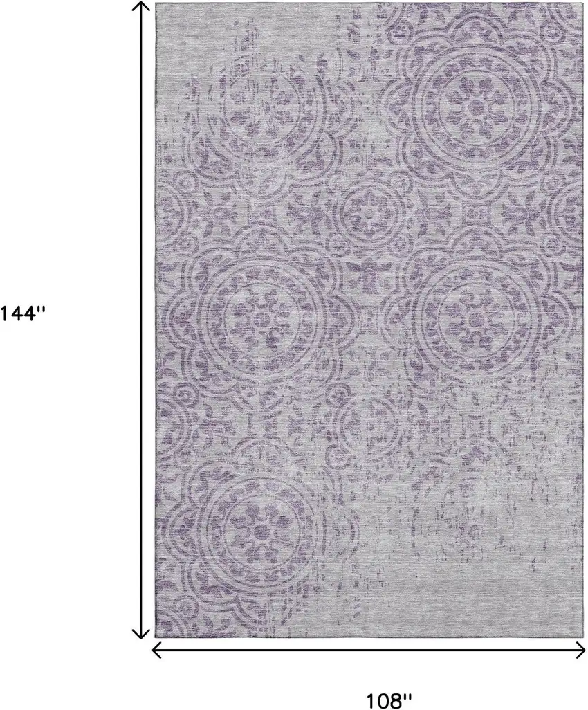 Lavender And Ivory Medallion Washable Area Rug With UV Protection Photo 3