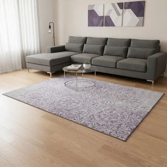 Lavender And Ivory Medallion Washable Area Rug With UV Protection Photo 2