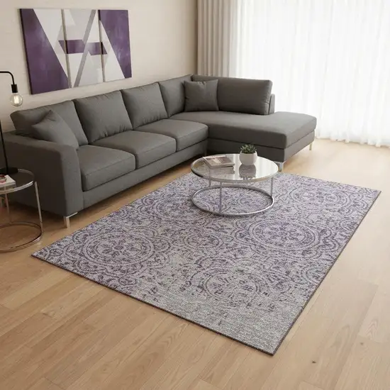 Lavender And Ivory Medallion Washable Area Rug With UV Protection Photo 2