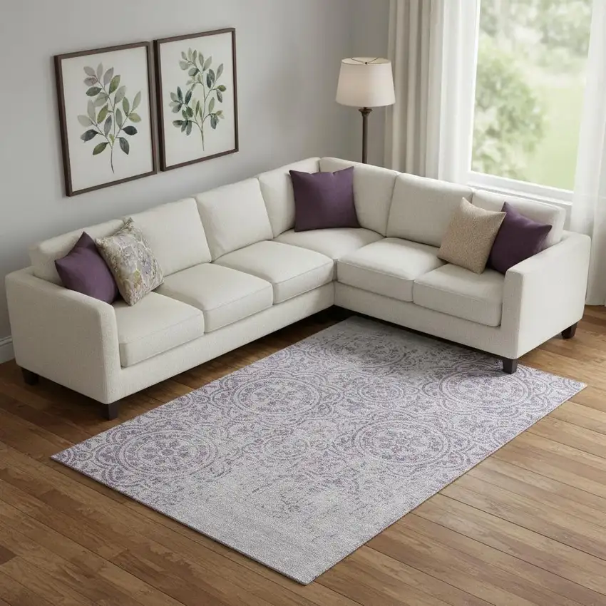 Lavender And Ivory Medallion Washable Area Rug With UV Protection Photo 1