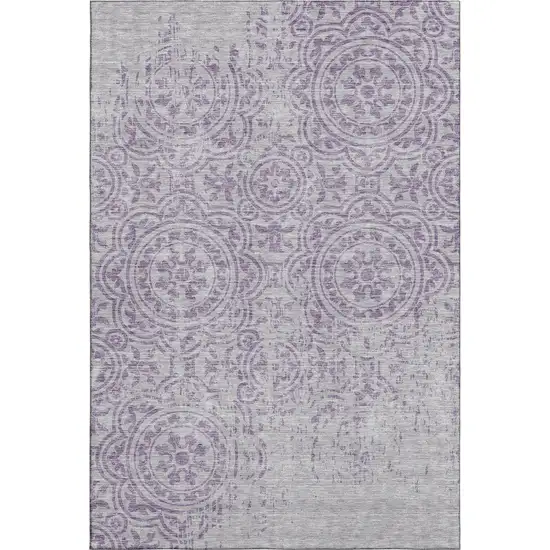 Lavender And Ivory Medallion Washable Area Rug With UV Protection Photo 1