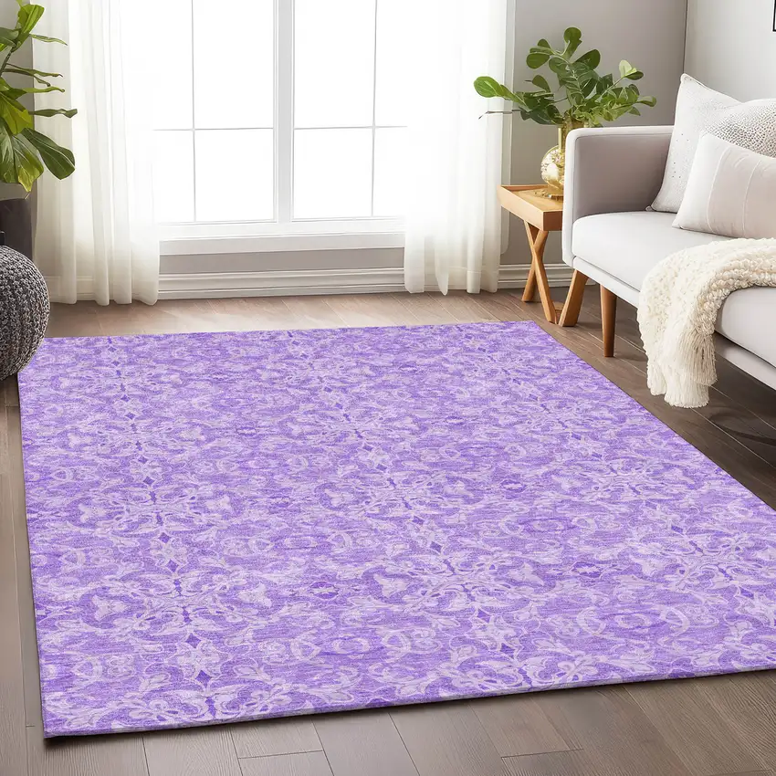 Lavender And Ivory Medallion Washable Area Rug With UV Protection Photo 6