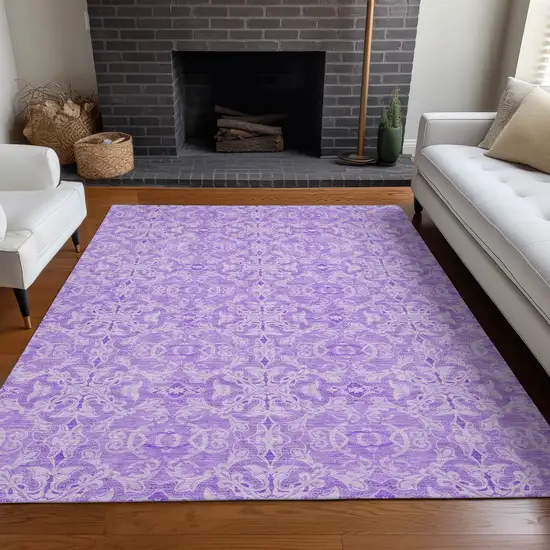 Lavender And Ivory Medallion Washable Area Rug With UV Protection Photo 5