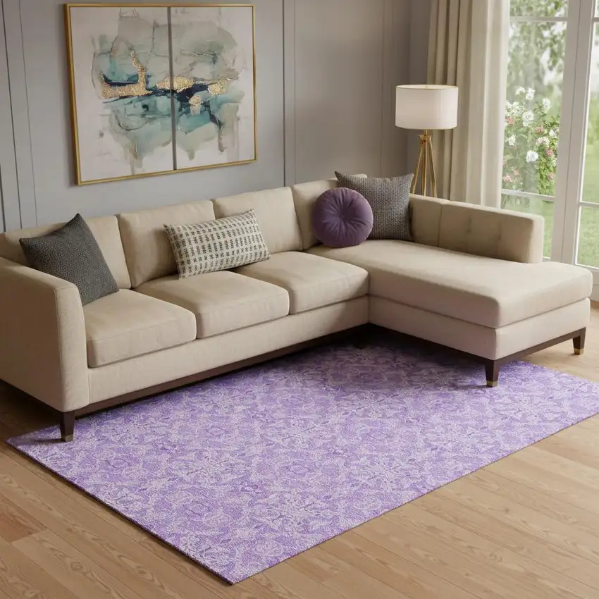 Lavender And Ivory Medallion Washable Area Rug With UV Protection Photo 1