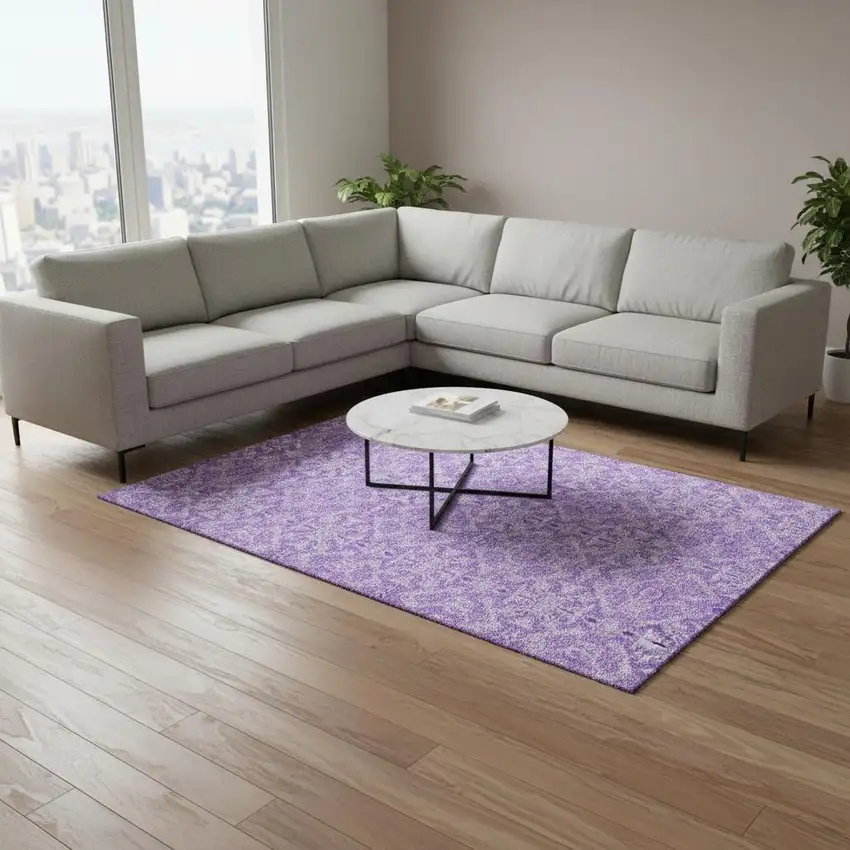 Lavender And Ivory Medallion Washable Area Rug With UV Protection Photo 2