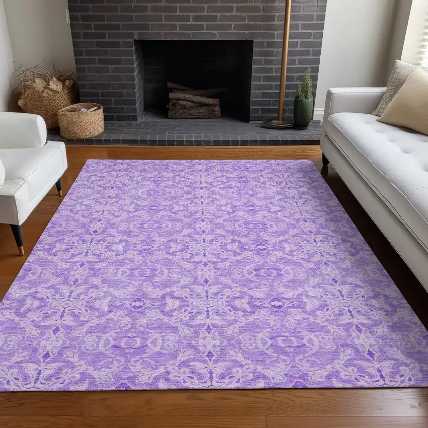 Lavender And Ivory Medallion Washable Area Rug With UV Protection Photo 5