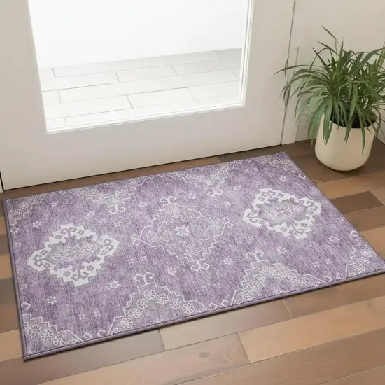 Lavender And Ivory Medallion Washable Area Rug With UV Protection Photo 2