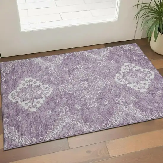 Lavender And Ivory Medallion Washable Area Rug With UV Protection Photo 1