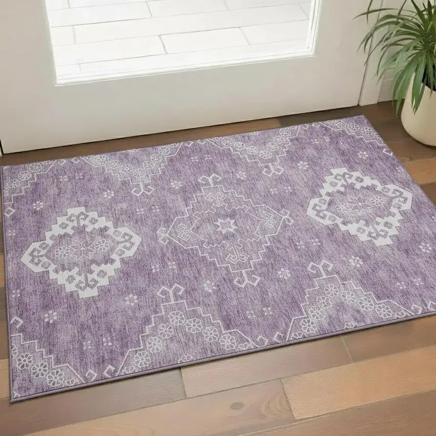 Lavender And Ivory Medallion Washable Area Rug With UV Protection Photo 1