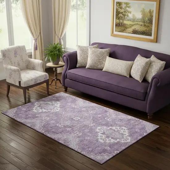 Lavender And Ivory Medallion Washable Area Rug With UV Protection Photo 1