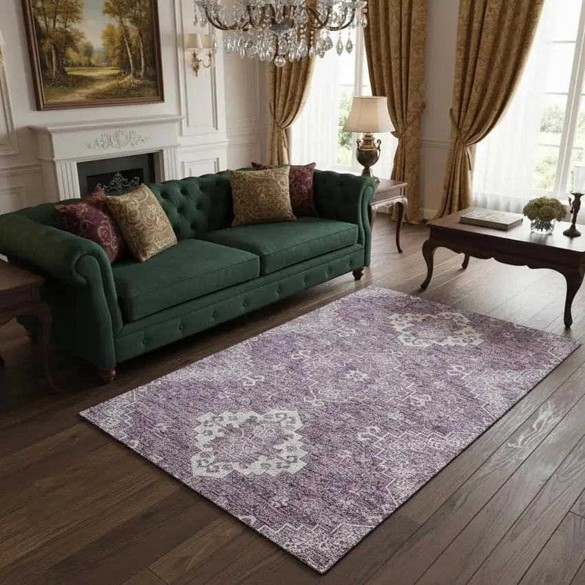 Lavender And Ivory Medallion Washable Area Rug With UV Protection Photo 2