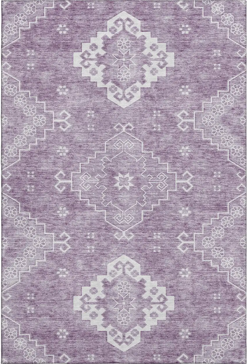 Lavender And Ivory Medallion Washable Area Rug With UV Protection Photo 1