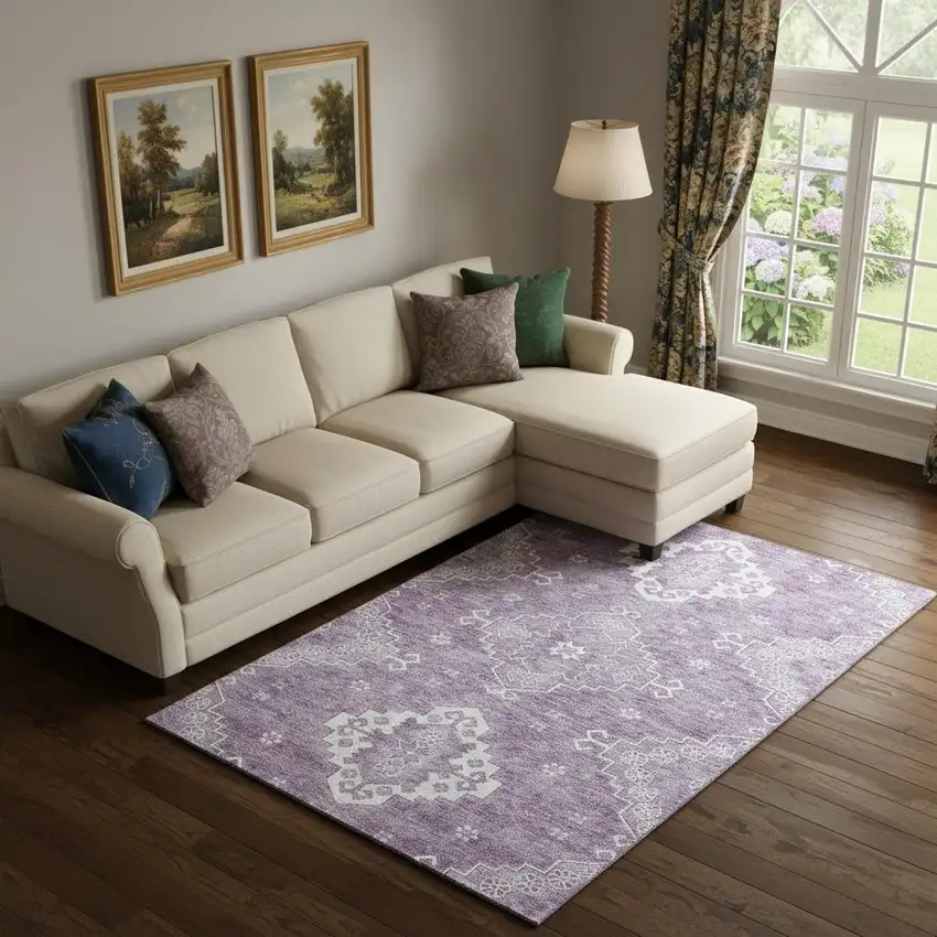 Lavender And Ivory Medallion Washable Area Rug With UV Protection Photo 1