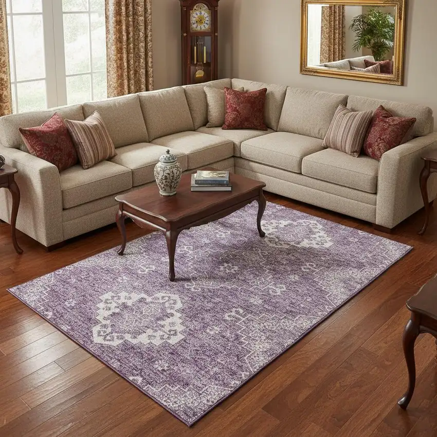 Lavender And Ivory Medallion Washable Area Rug With UV Protection Photo 2