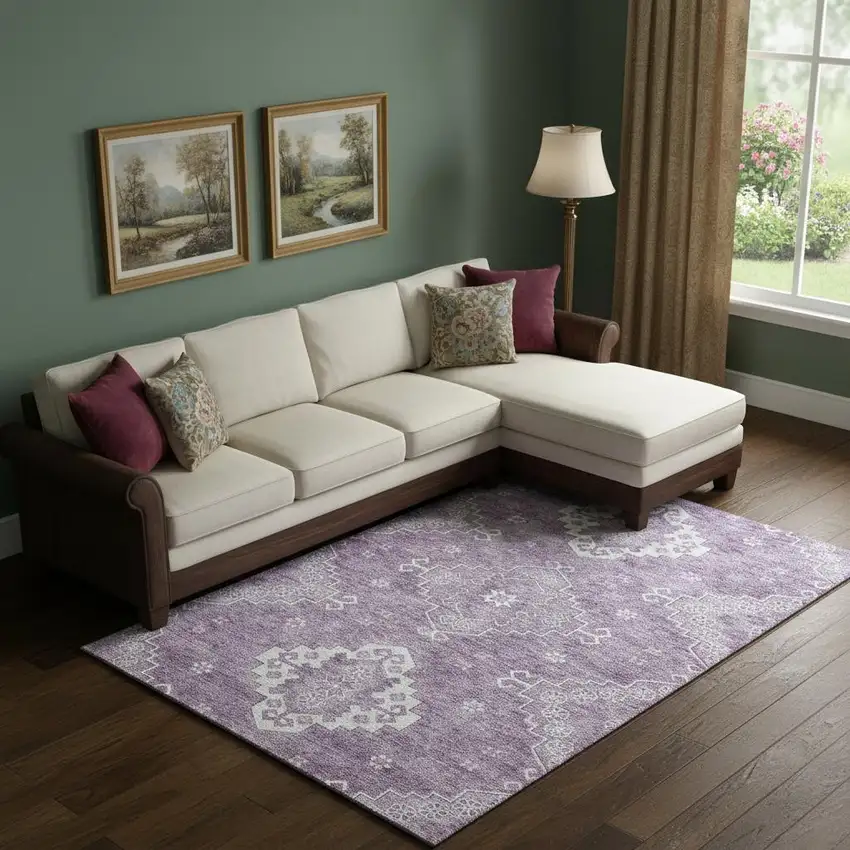 Lavender And Ivory Medallion Washable Area Rug With UV Protection Photo 1