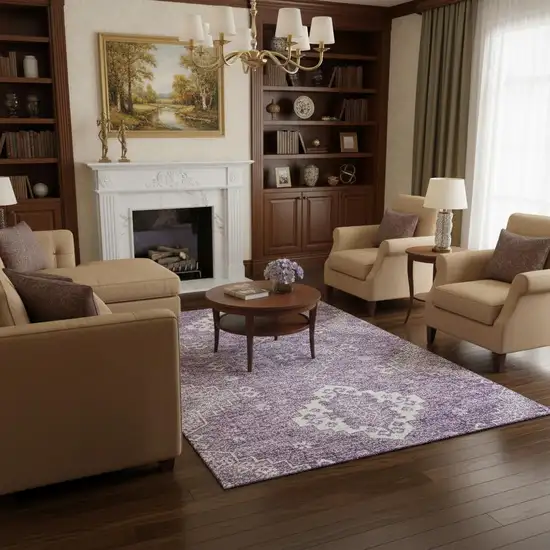 Lavender And Ivory Medallion Washable Area Rug With UV Protection Photo 2
