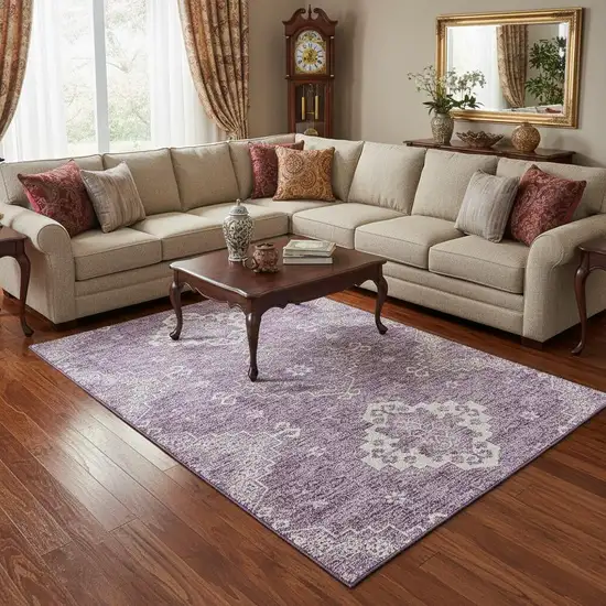 Lavender And Ivory Medallion Washable Area Rug With UV Protection Photo 2