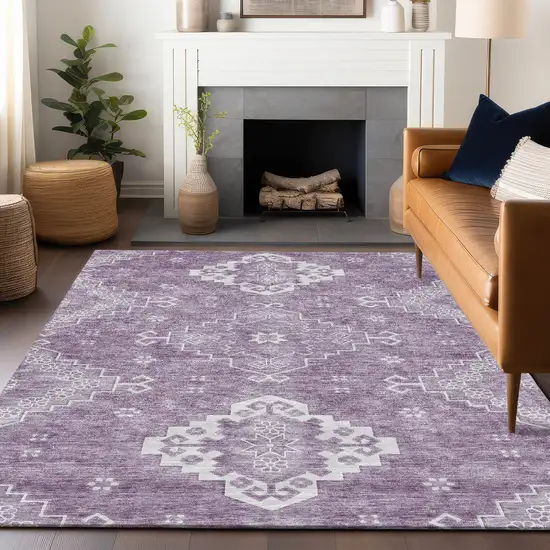 Lavender And Ivory Medallion Washable Area Rug With UV Protection Photo 6